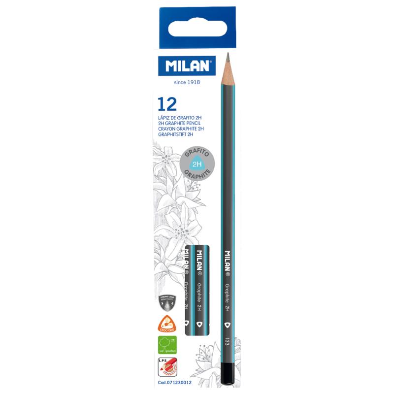 Milan 2H Graphite Pencils pack of 12 with ergonomic design, perfect for fine lines and durable for artists and students.