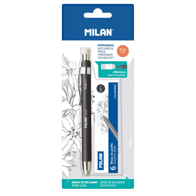 Milan Professional Mechanical Pencil B 5.2mm with built-in sharpener and 6 durable leads for artists and professionals.