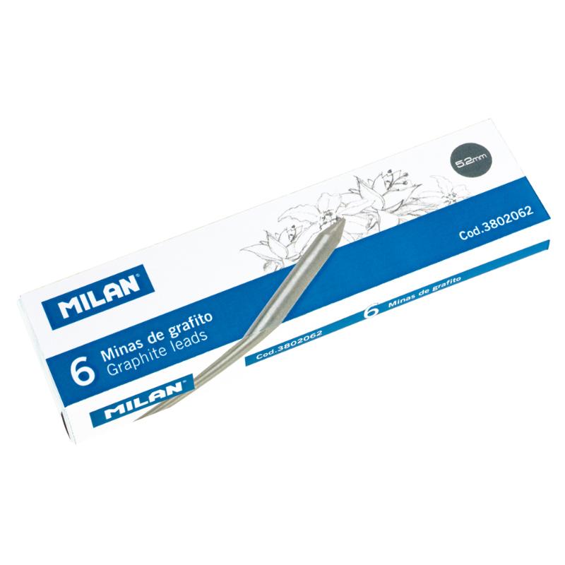 Milan Replacement B Lead set of 6, 5.2mm, ideal for precision writing, drawing, and shading in mechanical pencils.