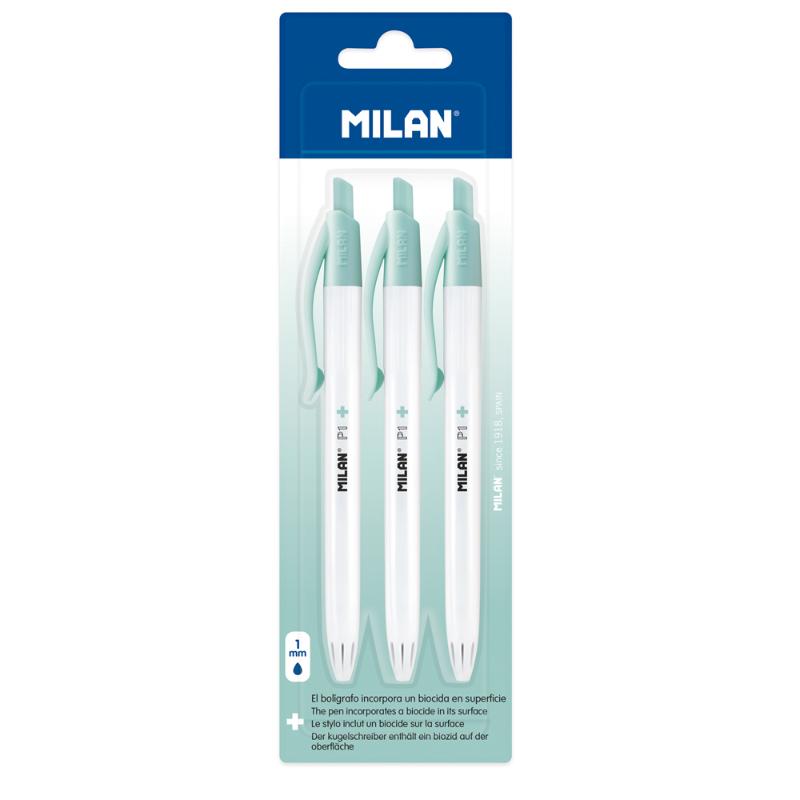 Pack of 3 Milan Anti-Bacterial P1+ Ball Point Pens in blue with advanced hygiene features and stylish design.