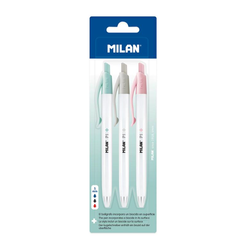 Milan Anti-Bacterial P1+ Ball Point Pen Pack of 3 in black, blue, and red with antibacterial properties and sleek design.