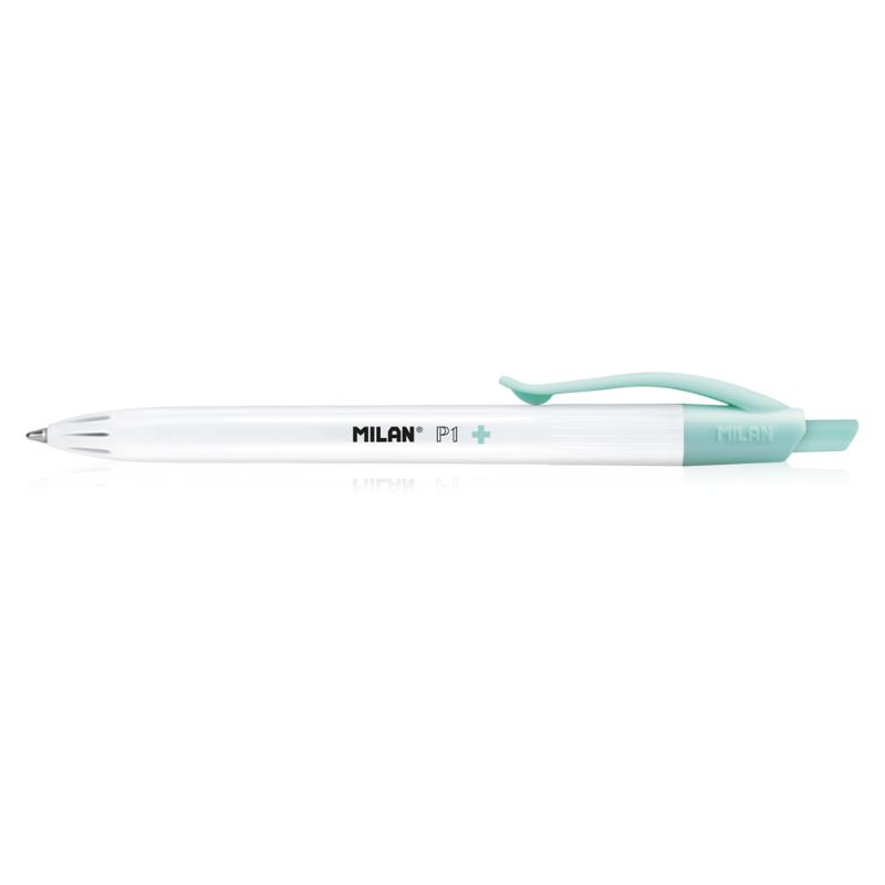 Milan Anti-Bacterial P1+ Ball Point Pen Pack of 3 with black, blue, and red ink for hygienic writing experience.