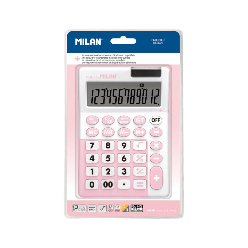 Milan Antibacterial 12 Digit Desk Calculator in Hangsell Pink, featuring advanced germ-fighting technology and dual power supply.