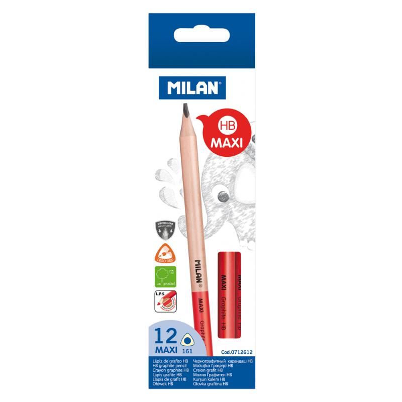 Pack of 12 Milan Maxi HB Graphite Pencils with ergonomic grip and break-resistant 3.5mm lead for drawing and writing.