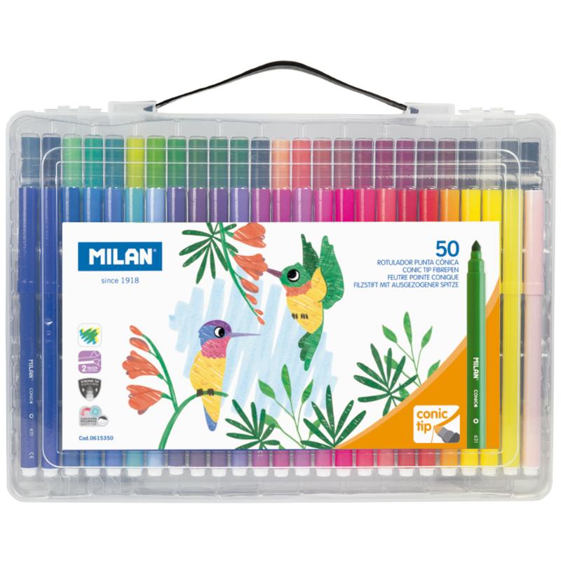 Milan Conic Tip Fibre Pens Hard Case Assorted Pack 50