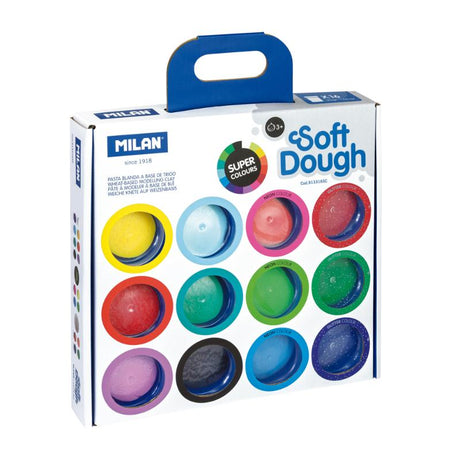 Milan Soft Dough Super Colours Pack features 16 vibrant cans, including basic, neon, and glitter colors for creative crafting.