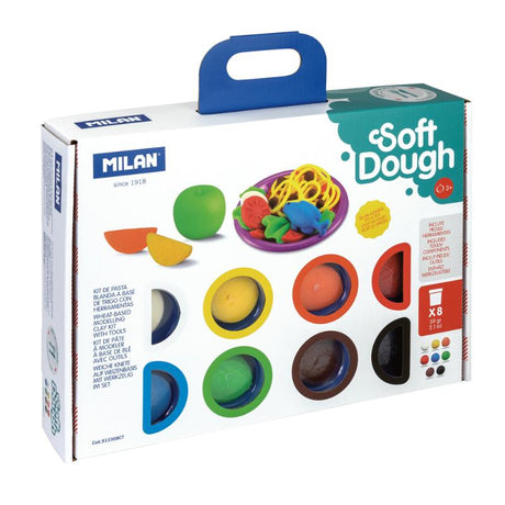 Milan Soft Dough Cooking Time Play Kit with 8 vibrant doughs and 11 accessories for creative play and fine motor skill development.