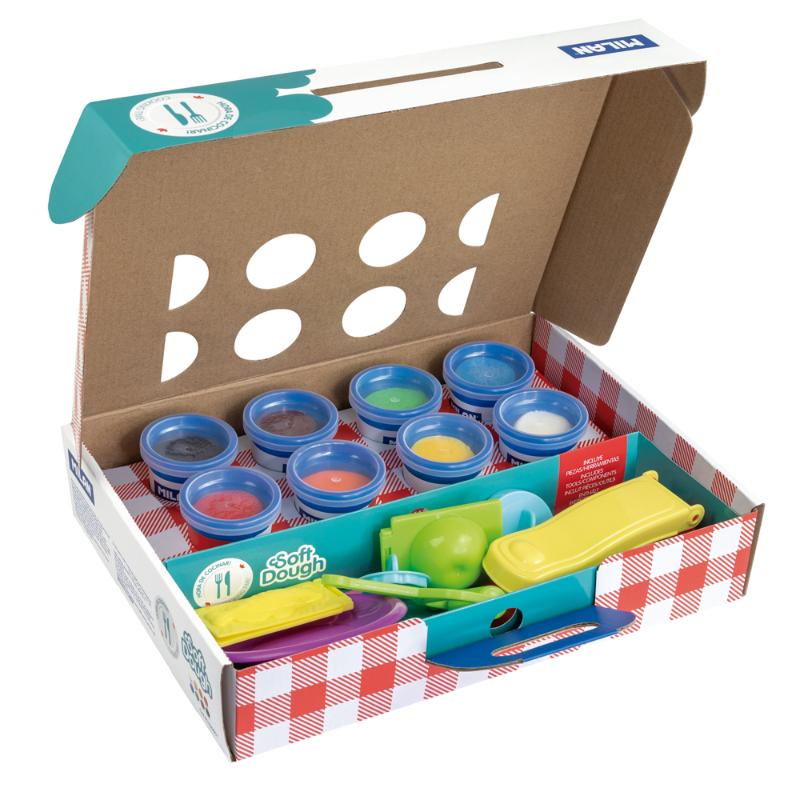 Milan Soft Dough Cooking Time Kit with 8 vibrant dough colors and 11 fun accessories for creative play and skill development.