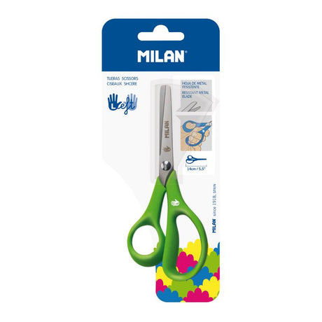 Milan Left-Handed 140mm Scissors with stainless steel blade, ergonomic grip, and rounded tip in vibrant green.