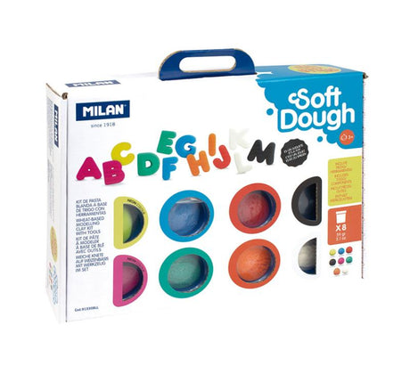 Milan Soft Dough Play Kit with 8 vibrant colors, 26 letter shapes, and molding tools for creative learning fun.