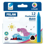 Milan Plastipastel Maxi Triangular Pack of 12 vibrant pastels for smooth, rich color application and comfortable handling.