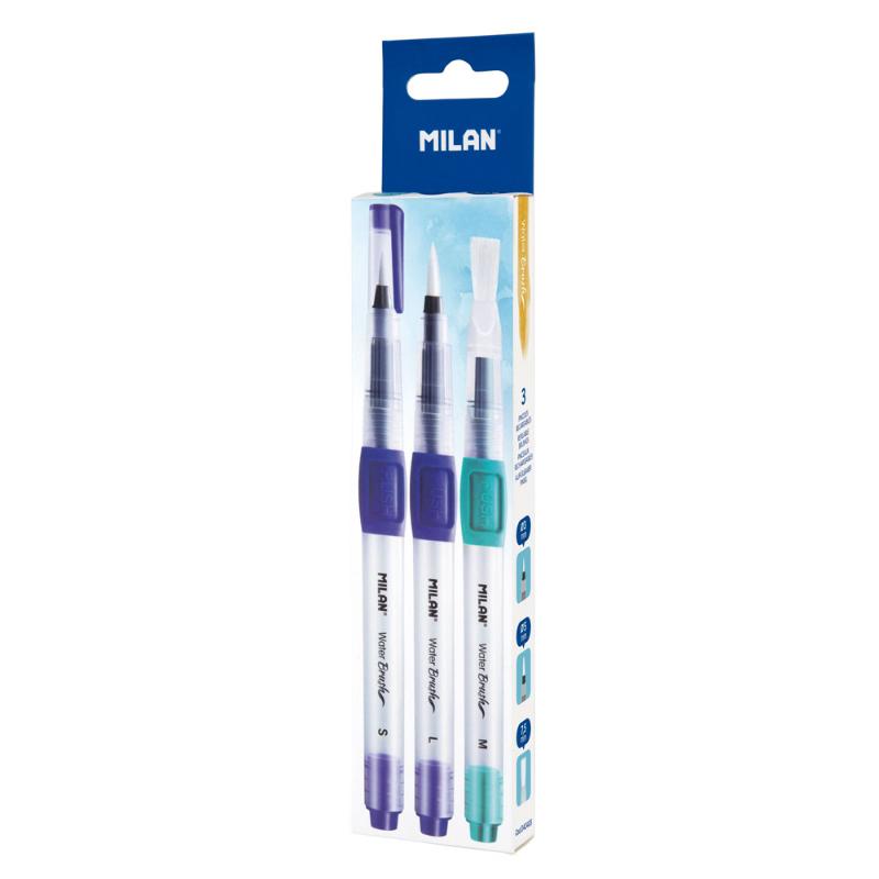 Milan Refillable Water Brush Set Pack 3 featuring three brush sizes for versatile watercolor art and easy color blending.