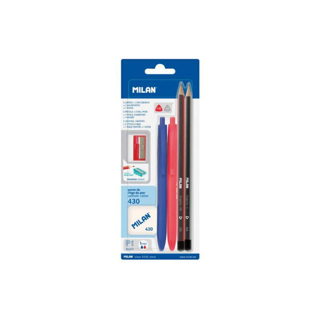 Milan P1 School Stationery Pack with vibrant colors, includes pencils, eraser, sharpener, and markers for students.