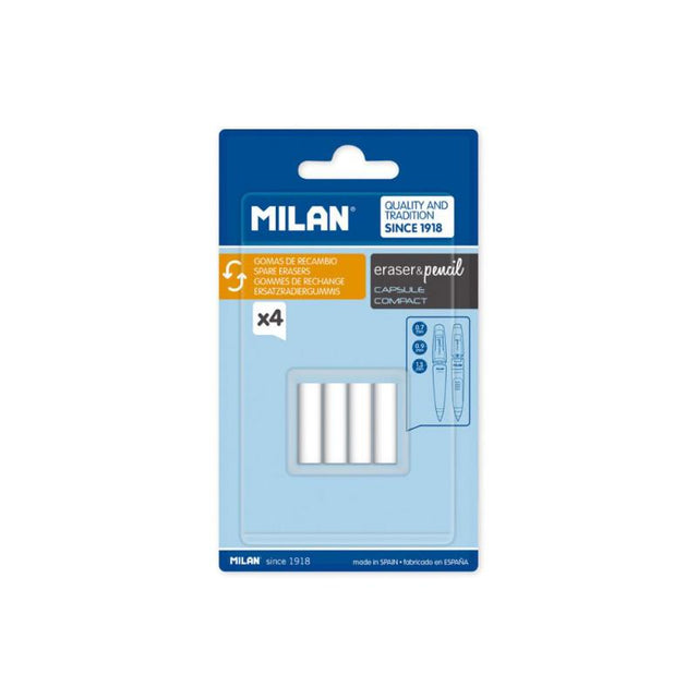 Pack of 4 Milan replacement erasers designed for compact mechanical pencils, ensuring clean, smudge-free erasing.