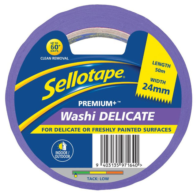 Sellotape Washi Premium+ Delicate tape, 24mm x 50m, versatile and eco-friendly for crafts, scrapbooking, and gift-wrapping.