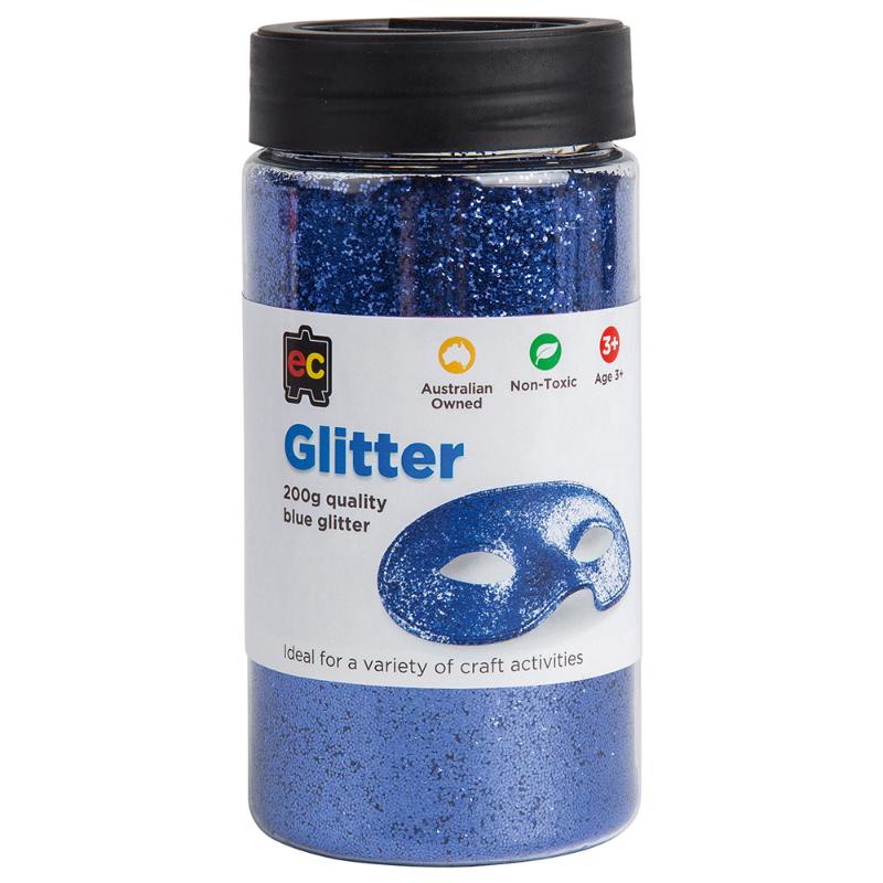 Vibrant blue glitter in a 200g jar, perfect for adding shimmer to crafts, scrapbooking, and DIY projects.