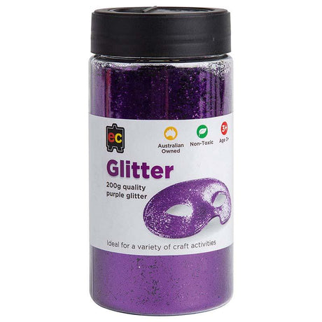 Vibrant purple crafting glitter in a resealable 200g container, perfect for arts, decor, and DIY projects.