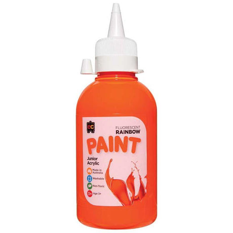 Bright Rainbow Fluoro Orange paint in a 250ml bottle, perfect for artists and DIY projects, fast-drying and eco-friendly.