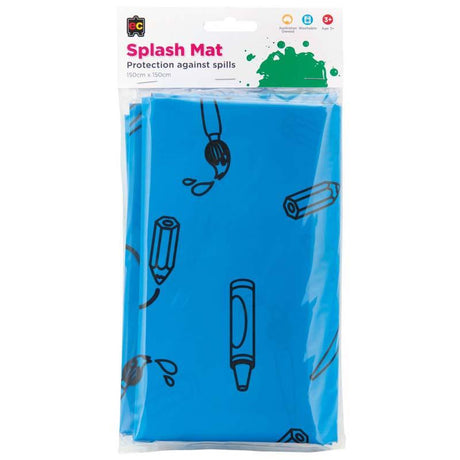 Heavy-duty waterproof splash mat 1.5x1.5m for mess-free play and arts, ideal for homes and classrooms.