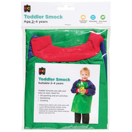 Green and blue toddler smock, perfect for messy play with soft collar and elastic cuffs for comfort.