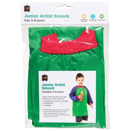 Vibrant green junior artist smock for ages 5-8, providing protection for messy play and crafts with breathable, comfortable fit.