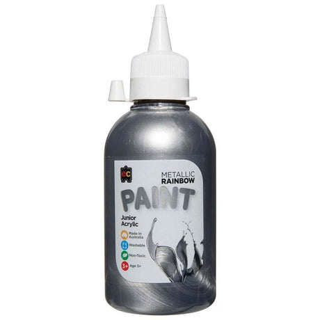 EC Paint Rainbow Acrylic Silver 250ml bottle featuring vibrant, non-toxic paint for versatile crafting and stunning shimmer effects.