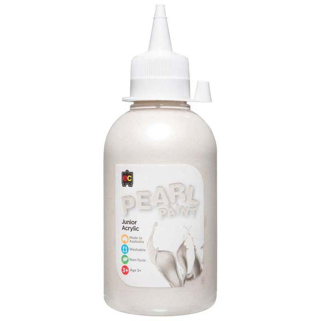 EC Paint Pearl Acrylic White 250ml in eco-friendly bottle, ideal for vibrant, pearlescent art projects and safe for kids.