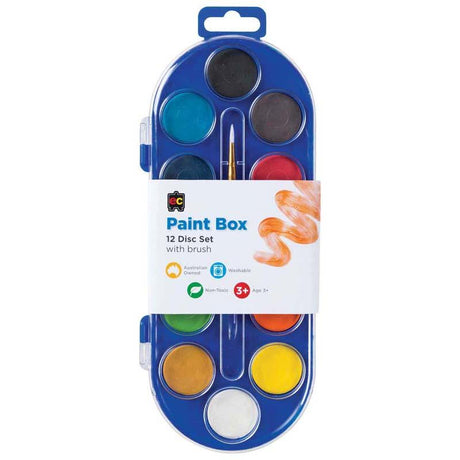 EC Paint 12 Disc Set featuring 12 vibrant, high-pigment watercolour discs in a portable tray with palette lid for kids.