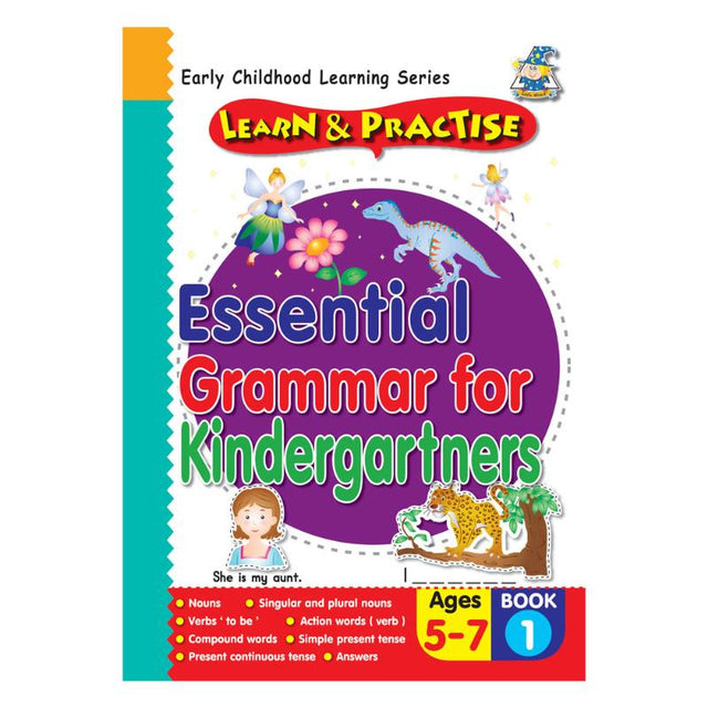 Interactive grammar book for kids aged 5-7, featuring colorful illustrations and fun exercises to enhance learning.