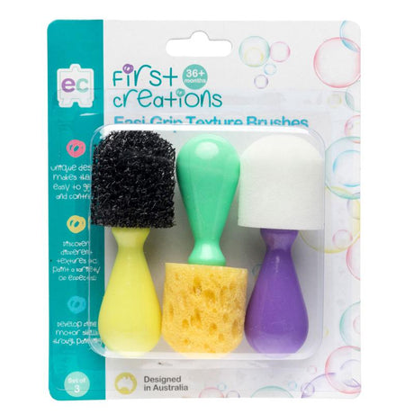 Set of 3 ergonomic texture brushes for kids, enhancing creativity and fine motor skills through playful painting.