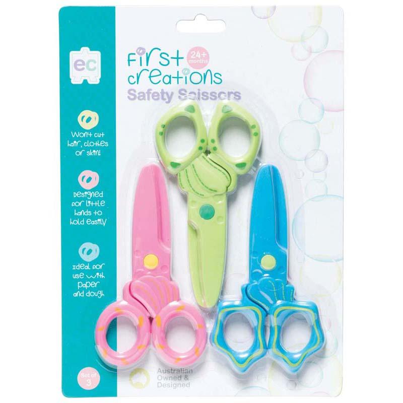 Child-friendly safety scissors with rounded tips, designed for safe cutting and promoting creativity in young artists.