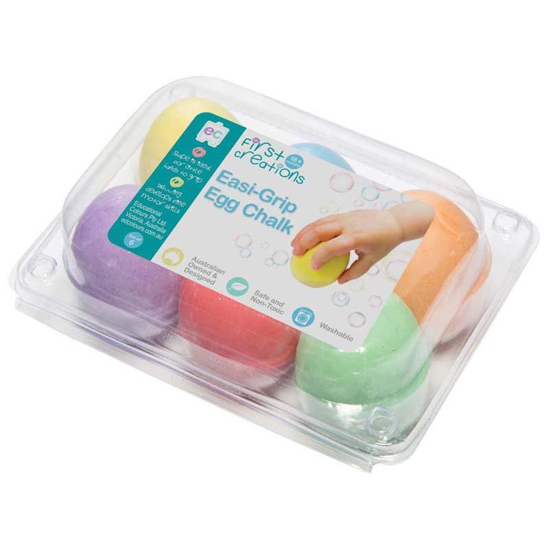 Easi-Grip Egg Chalk Set for kids with 6 vibrant, washable colors for easy outdoor creativity and fun.