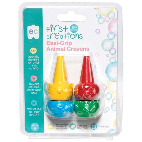 Set of 4 easy grip animal-themed crayons, designed for toddlers to enhance creativity and fine motor skills.