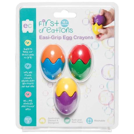 Easi-Grip Egg Crayons Set 3, ergonomic egg-shaped crayons for toddlers, promoting creativity and fine motor skills.