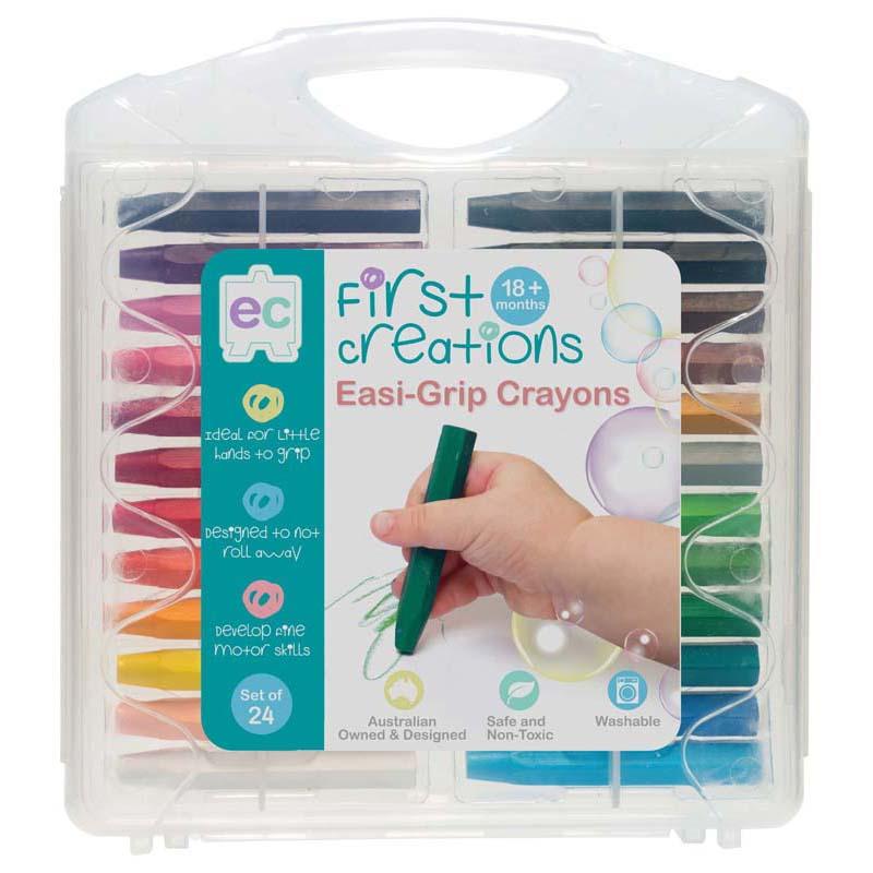 EC First Creations Easi-Grip Crayons Set of 24, vibrant colors, hexagonal shape for easy grip, ideal for toddlers.