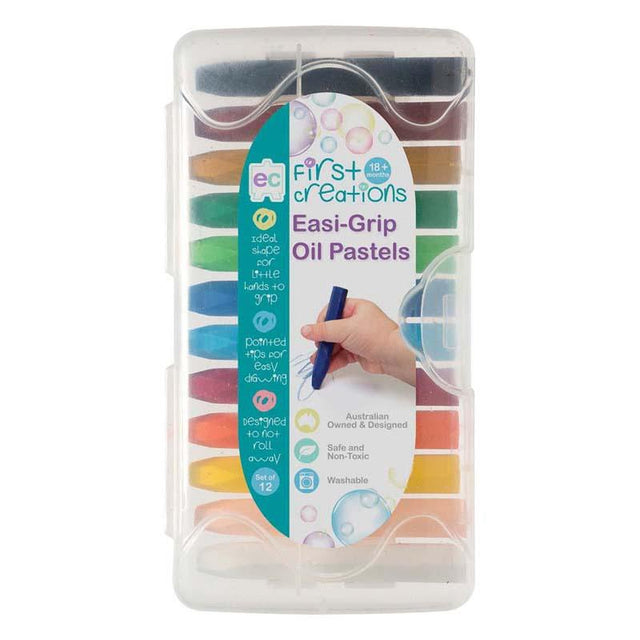 12 non-toxic Easi-Grip oil pastels in rich colors for kids, featuring hexagonal design for easy handling and blending.