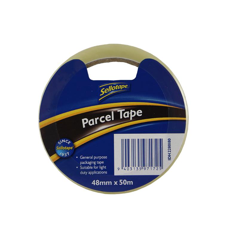 Clear Sellotape Economy Parcel Tape, 48mm x 50m, robust hold for packaging light to medium boxes.