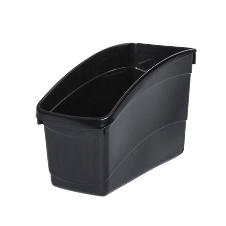 Sleek black plastic storage tub for organizing books, documents, and supplies with durable construction and easy transport handles.