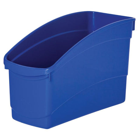 Blue plastic storage tub for books and documents, featuring durable design and high-back for organization in any space.