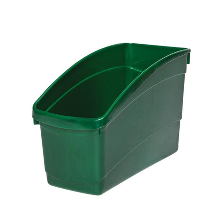 Dark green plastic book and storage tub for organizing books, folders, and office supplies; durable and stylish design.