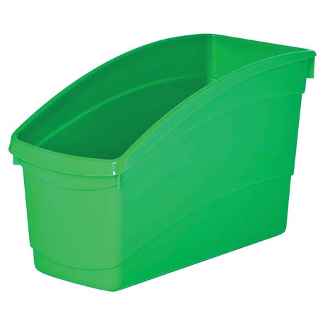 Vibrant green plastic storage tub for books and documents, durable and lightweight for easy organization in any space.