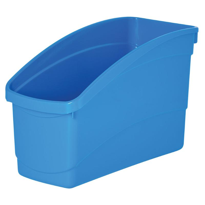 Light blue plastic storage tub with high back for books, folders, and toys, offering stylish organization and easy transport.