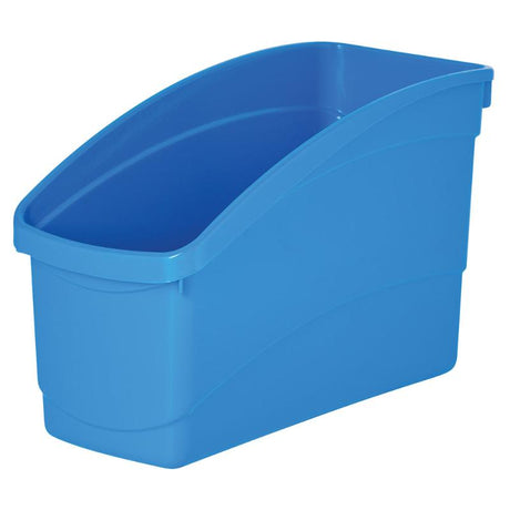 Light blue plastic storage tub with high back for books, folders, and toys, offering stylish organization and easy transport.