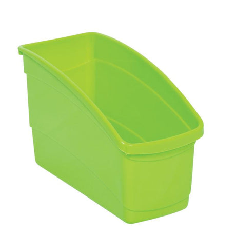 Lime green plastic storage tub for organizing books, office supplies, and crafts, featuring a high back design for taller items.