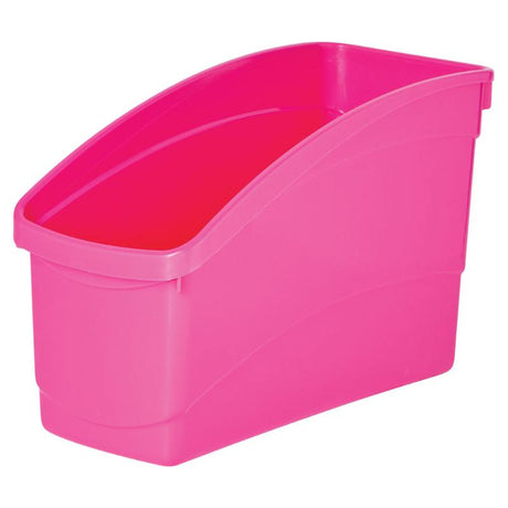 Magenta plastic storage tub for books and supplies, high-backed and lightweight for efficient organizing.