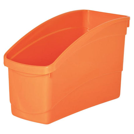 Vibrant orange plastic storage tub ideal for organizing books, art supplies, and toys with a high back for tall items.