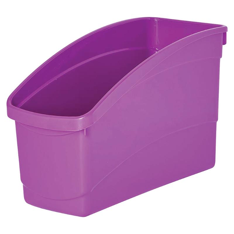 Purple plastic storage tub for books and supplies, featuring a high back design for efficient organization.