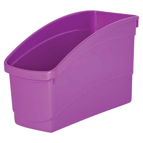 Purple plastic storage tub for books and supplies, featuring a high back design for efficient organization.