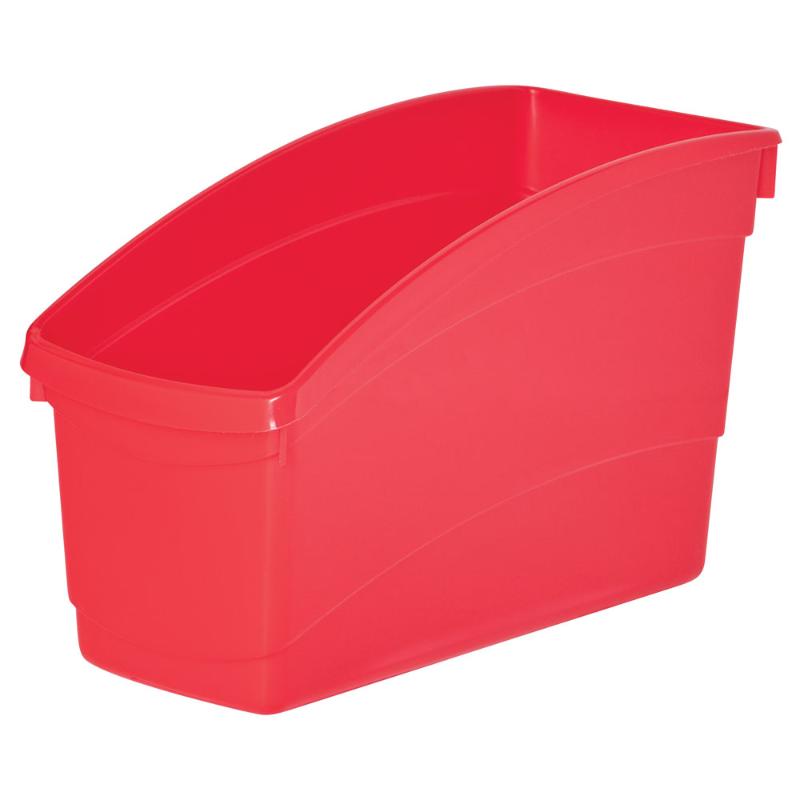 Vibrant red plastic book and storage tub designed for organizing taller books and folders, ideal for home and classrooms.