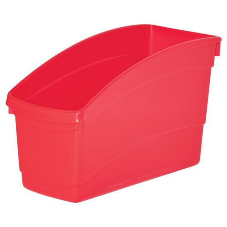 Vibrant red plastic book and storage tub designed for organizing taller books and folders, ideal for home and classrooms.